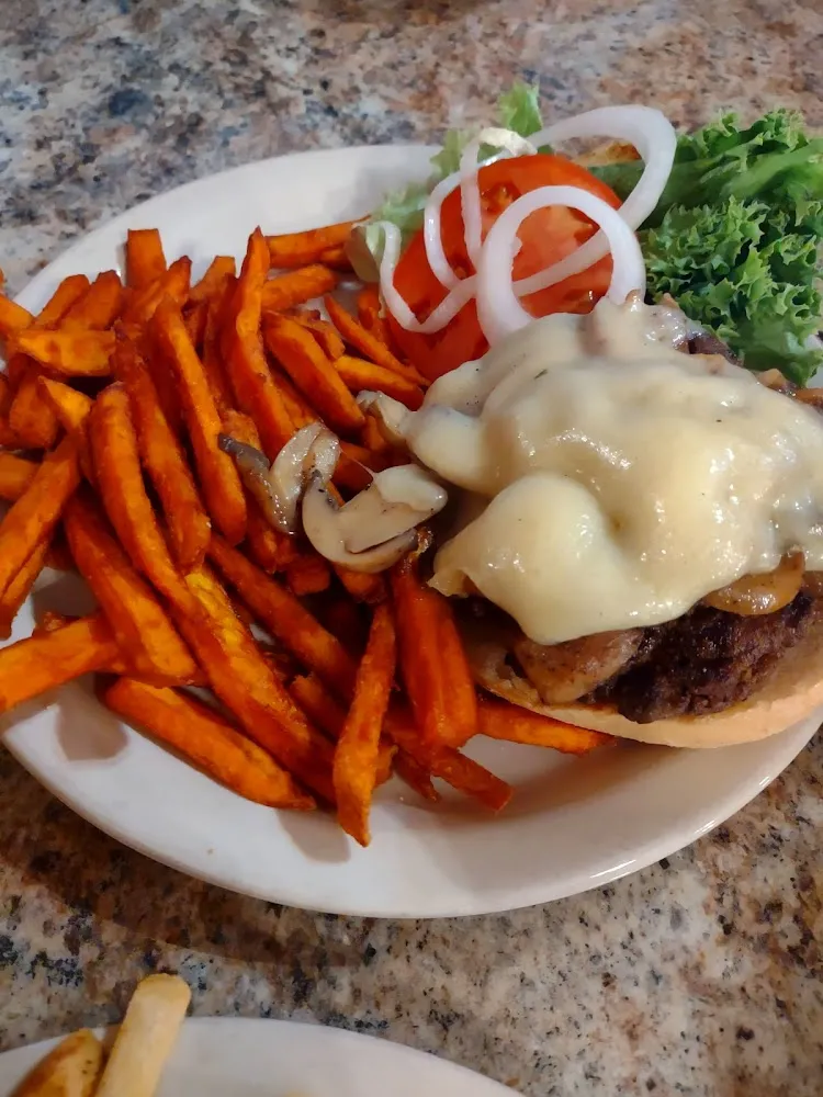 Mushroom Swiss Burger with Sweet Potato Fries